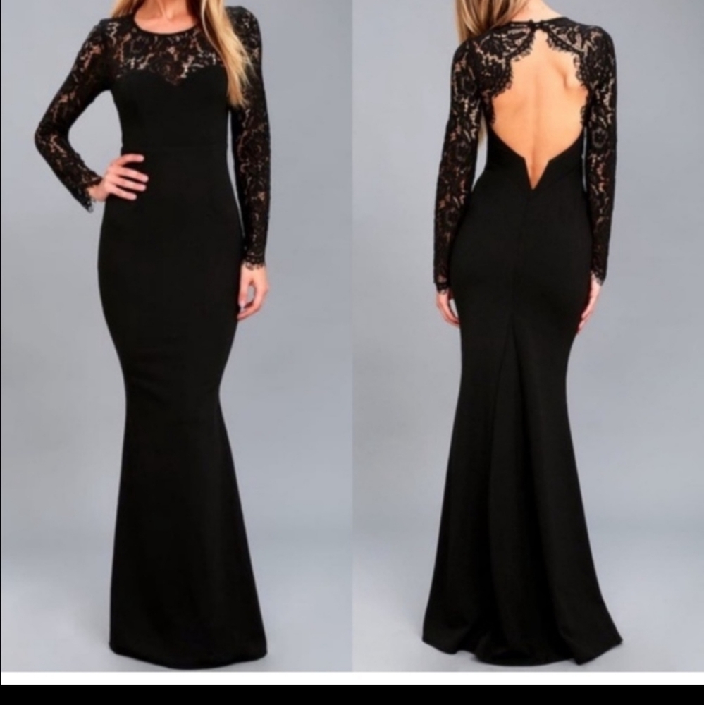 Lulus Whenever You Call Formal Black Backless Lace Long Sleeve Maxi Dress XS